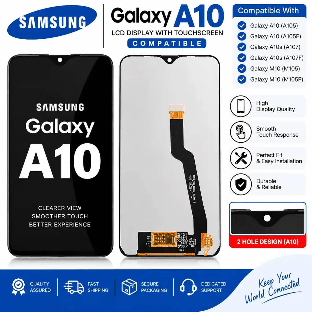 Samsung Galaxy M10 LCD Display with Touchscreen, front and rear view, Single Hole design