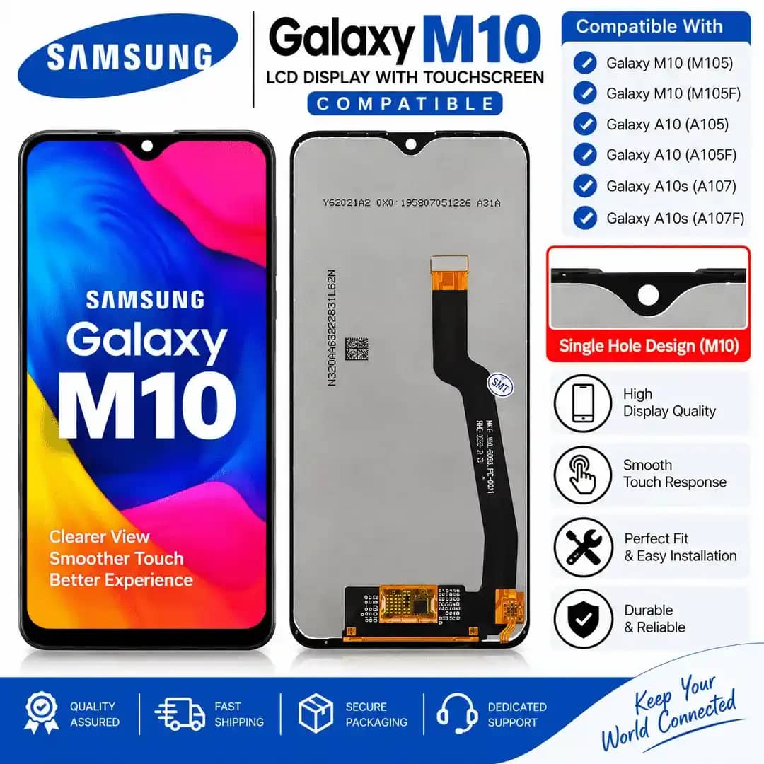 Samsung Galaxy M10 LCD Display with Touchscreen, front and rear view, Single Hole design